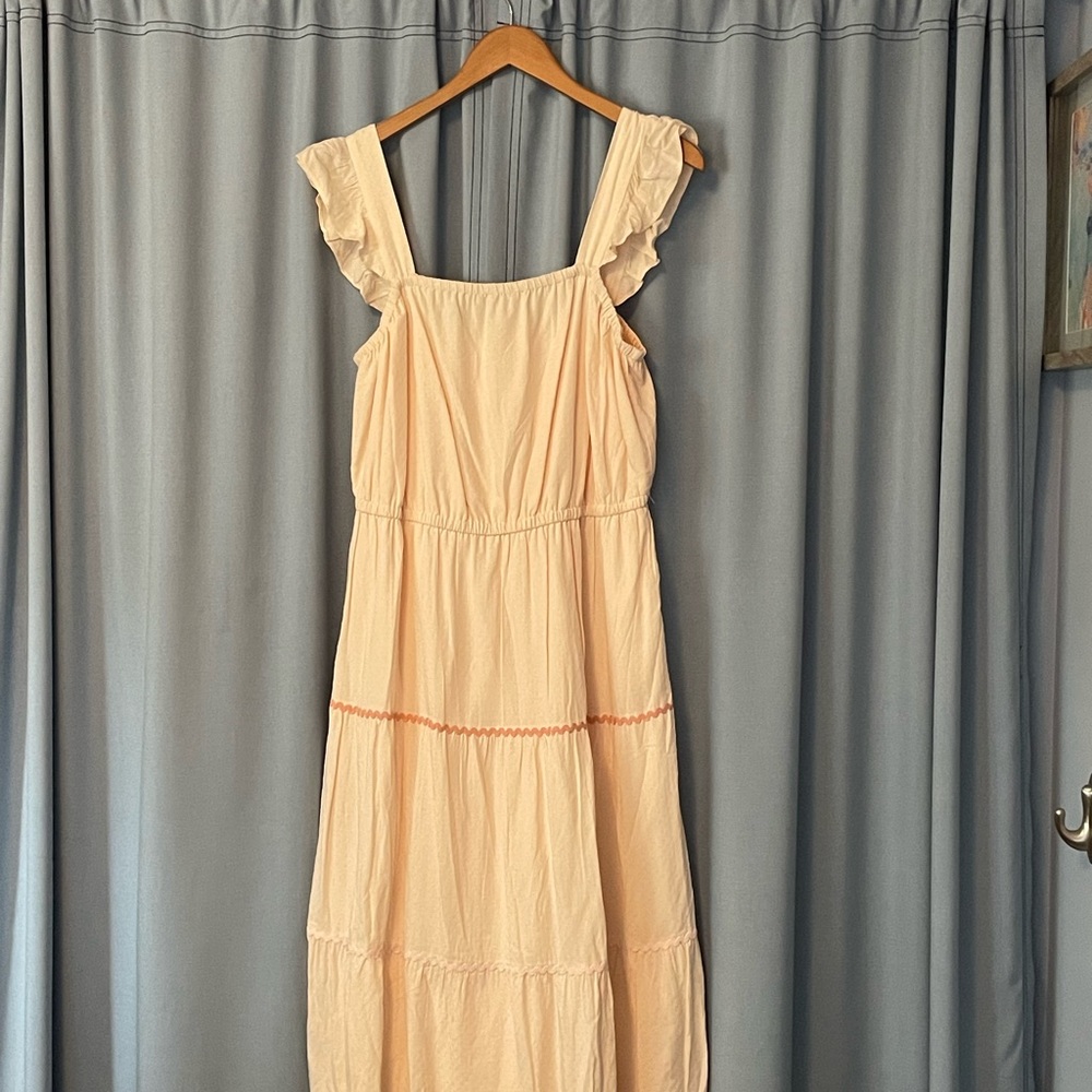 LC Lauren Conrad Tiered Pinafore Dress Cream Lt Pink Ruffle Strap Sundress L NEW - Picture 2 of 5